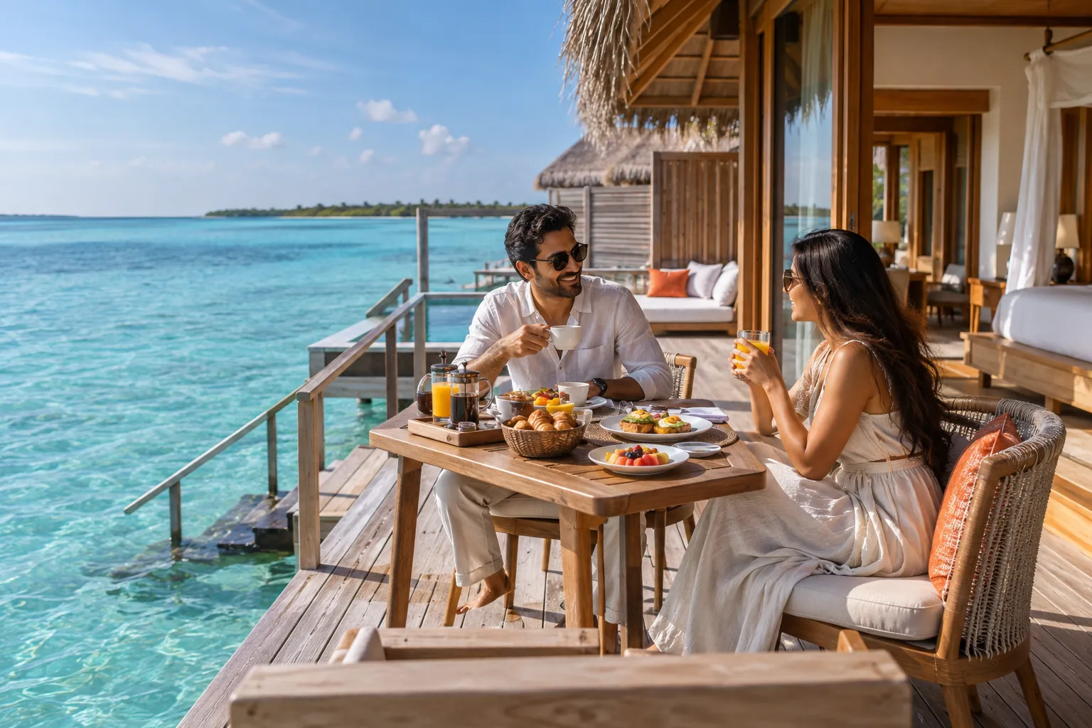 A couple at breakfast on an overwater villa deck
