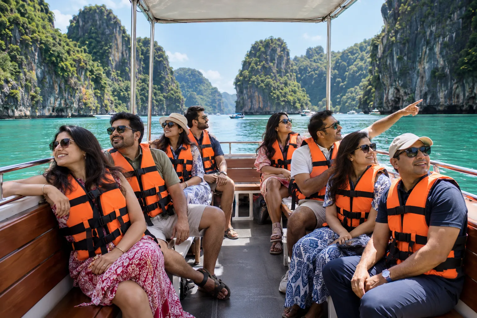 A tour group on a boat among limestone islands