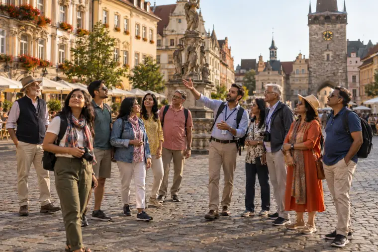 A tour group with a guide in a European old town square
