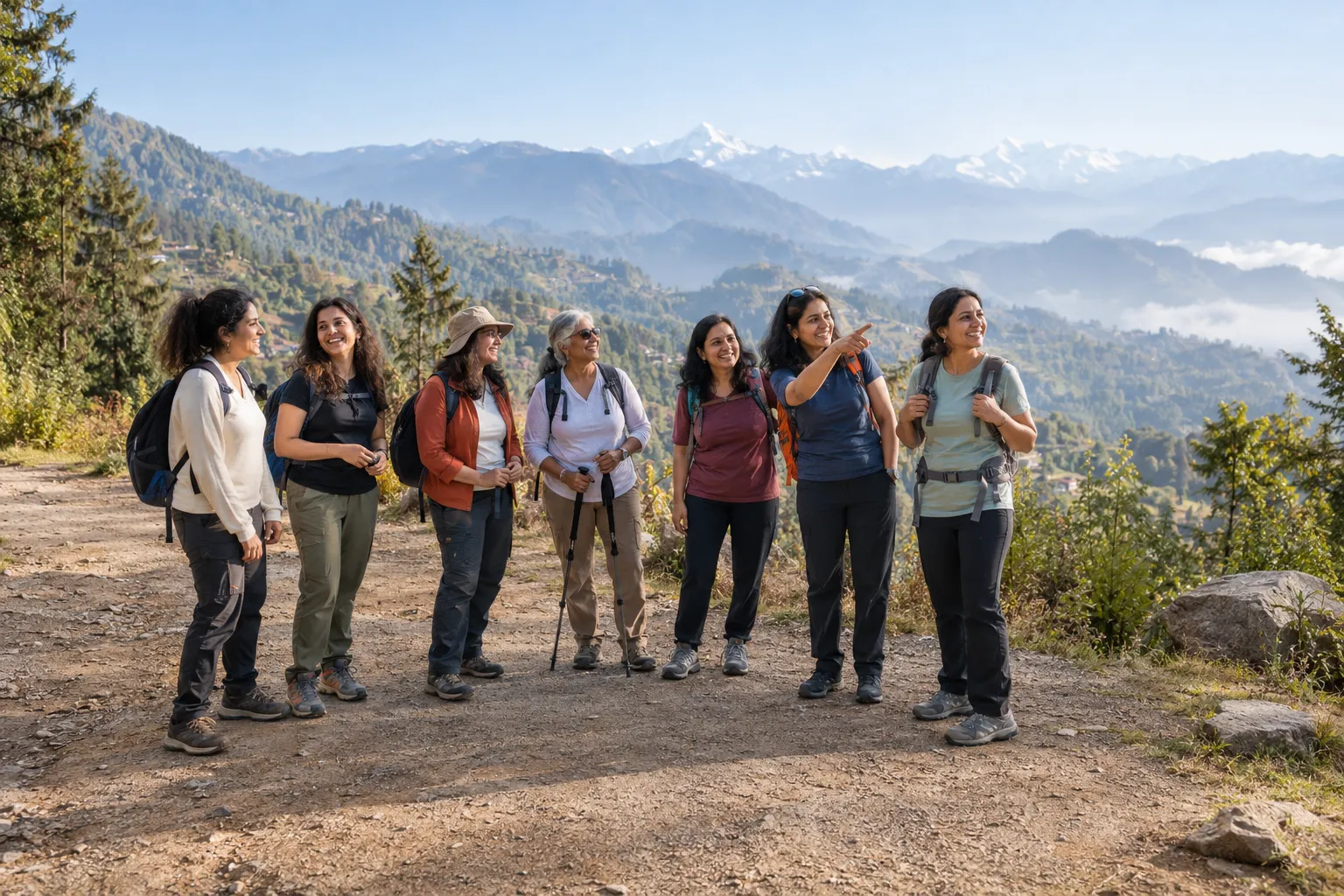 A group of women hiking together on a mountain trail