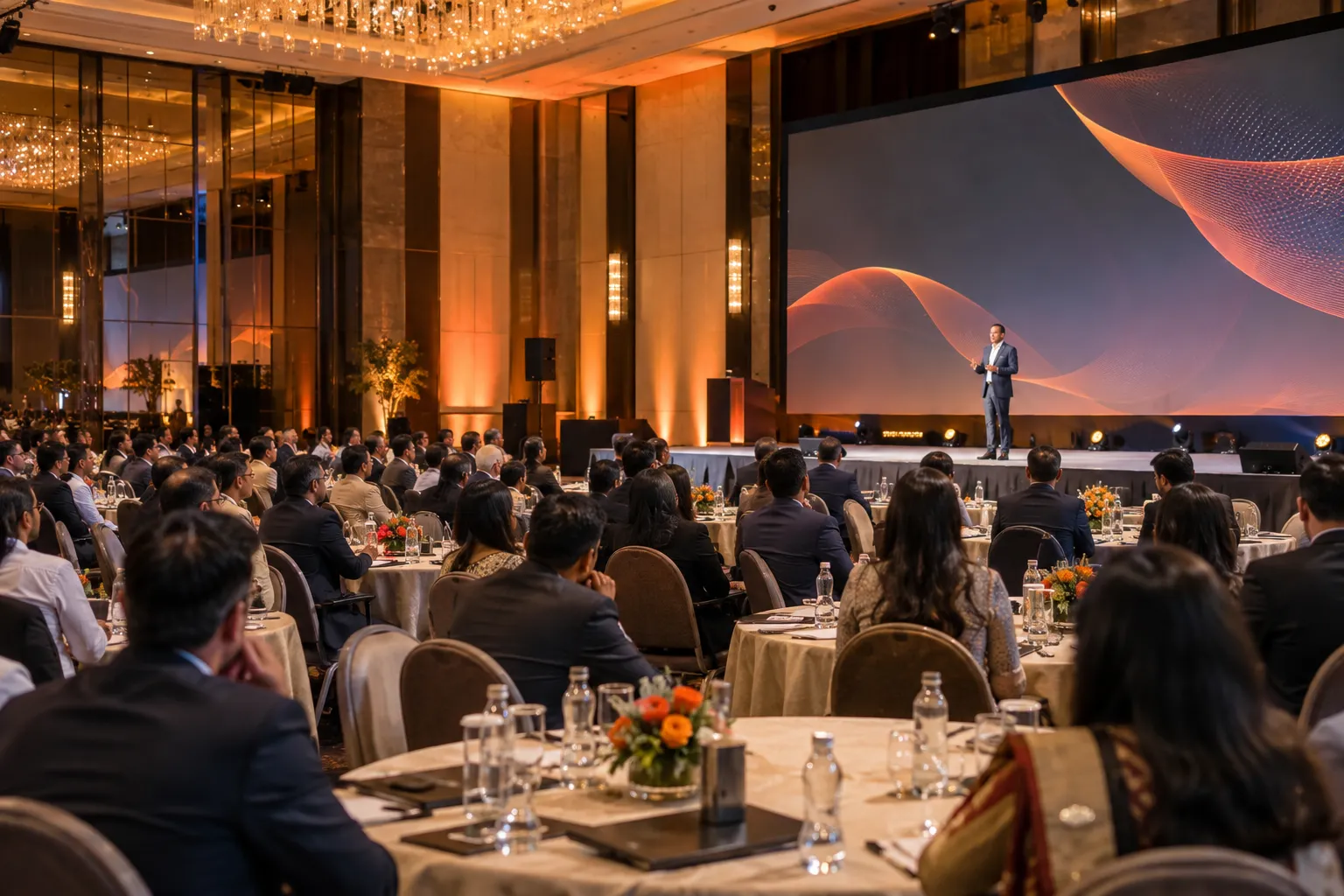 A corporate conference in a hotel ballroom