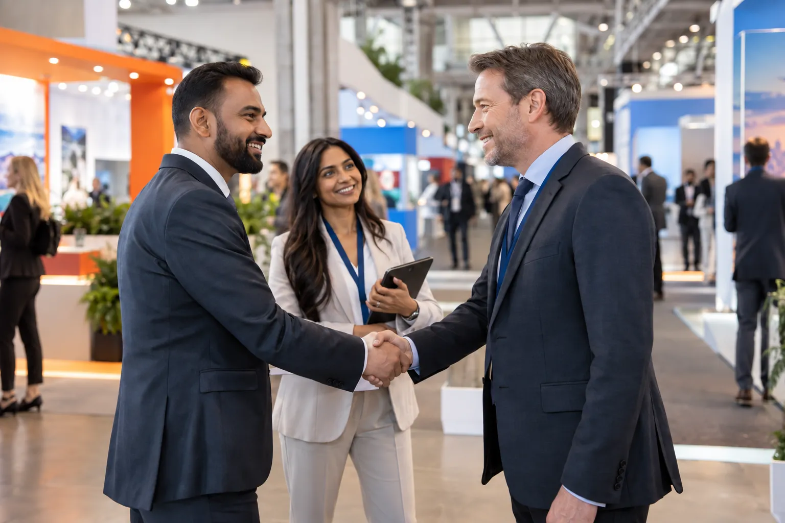 Business partners shaking hands at a trade exhibition