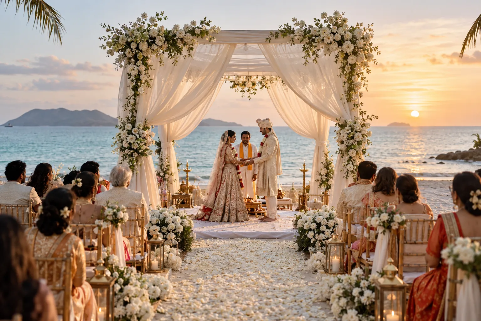 A couple taking their vows under a floral mandap on a beach at sunset