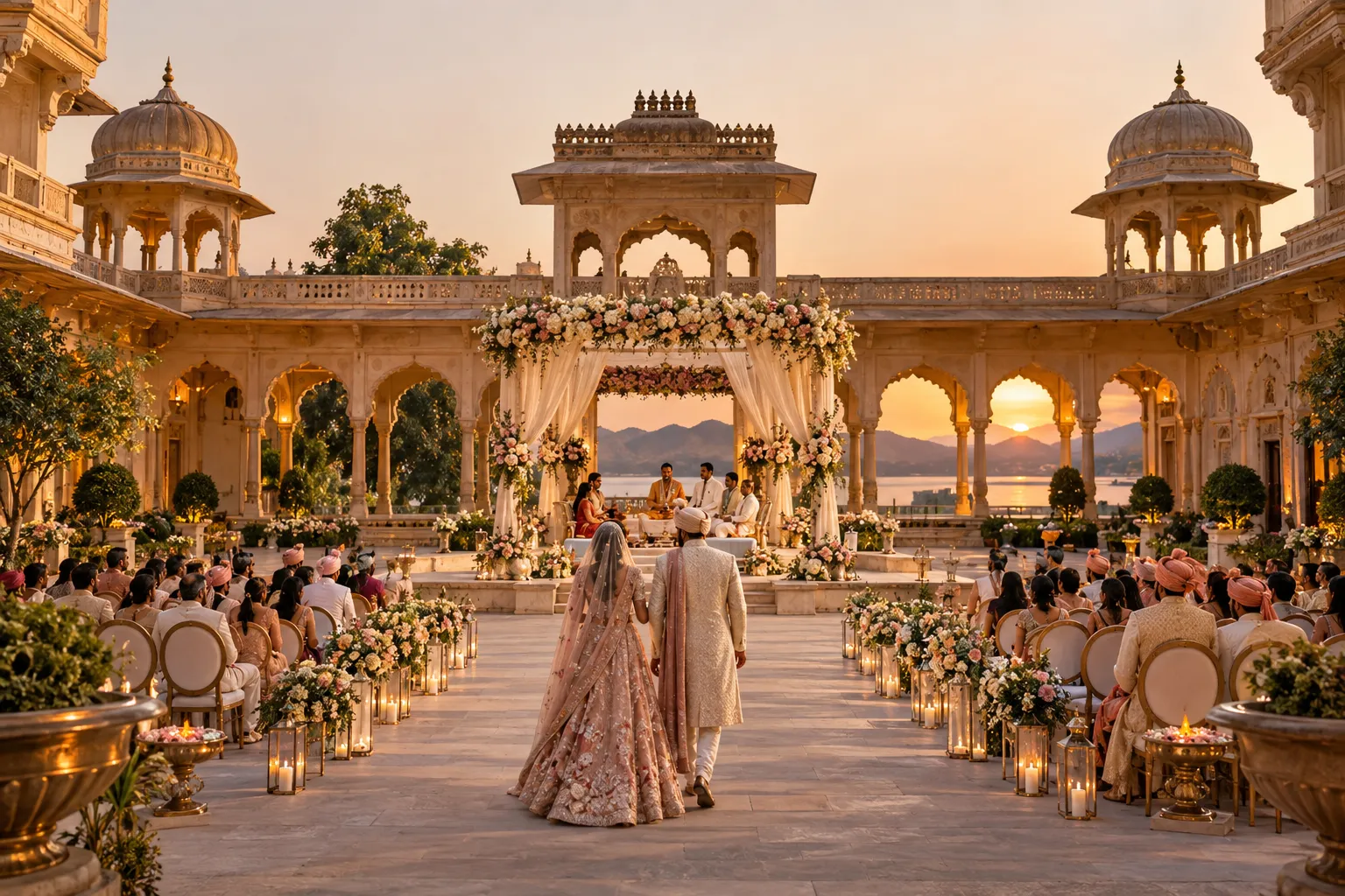 A bride and groom in a palace courtyard at sunset